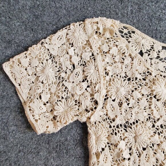 Lovely 153 Crochet Scoop Neck Cotton Tunic Top Cream Ivory Sheer Over Shirt S - Picture 5 of 14